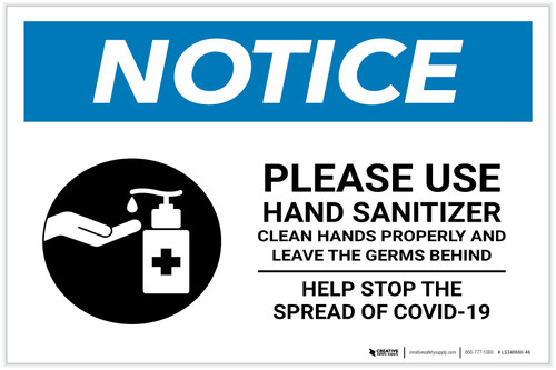 Notice: Please Use Hand Sanitizer - Leave Germs Behind Landscape - Label