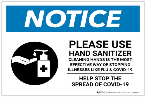 Notice: Please Use Hand Sanitizer Before Leaving - Help Stop the Spread of Covid-19 Landscape - Label