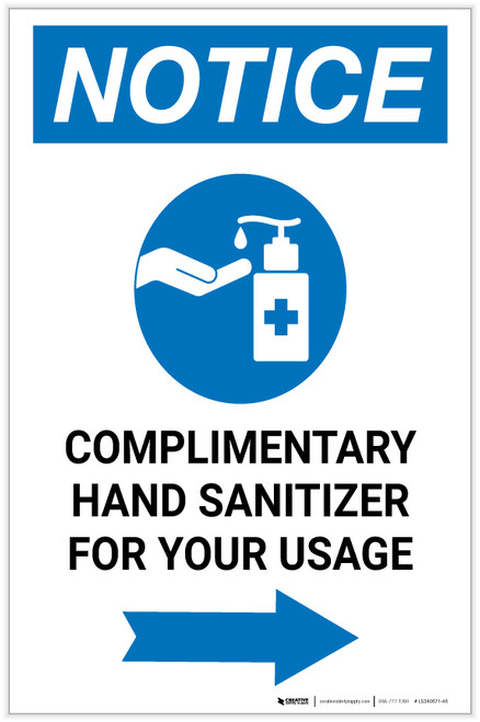 Notice: Complimentary Hand Sanitizer For Your Usage Right Arrow Portrait - Label