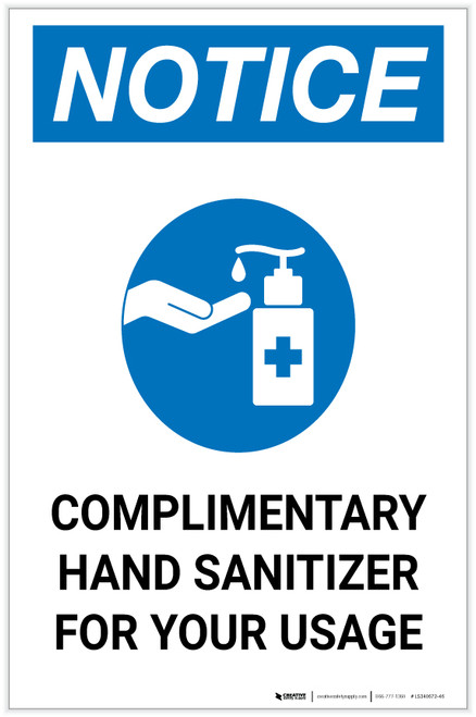 Notice: Complimentary Hand Sanitizer For Your Usage Portrait - Label