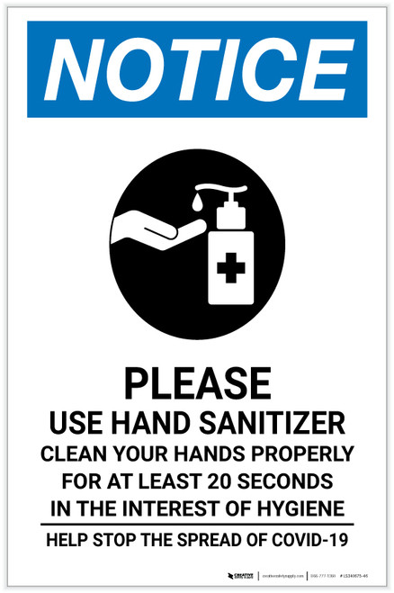 Notice: In The Interests Hygiene Use Hand Sanitizer Portrait - Label