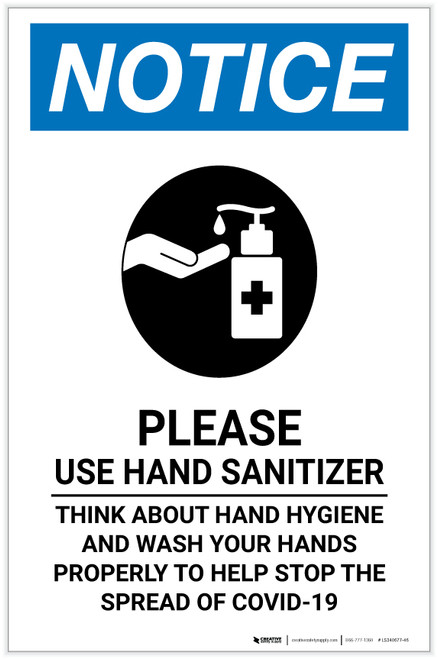 Notice: Please Use Hand Sanitizer Before Leaving Portrait - Label