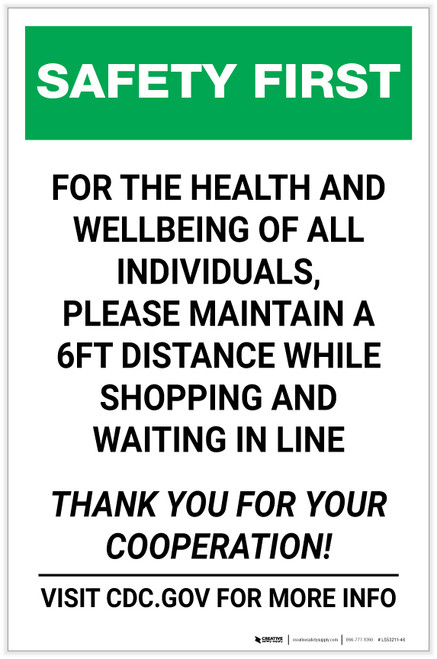 Safety First: Please Maintain a 6ft Distance While Shopping Portrait - Label