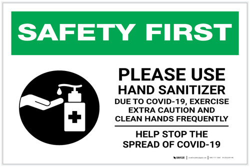 Safety First: Please Use Hand Sanitizer - Exercise Extra Caution and Clean Hands Frequently Landscape - Label