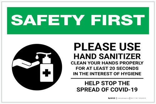 Safety First: Please Use Hand Sanitizer - Clean Your Hands Properly Landscape - Label