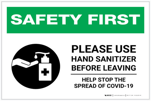 Safety First: Please Use Hand Sanitizer Before Leaving Landscape - Label