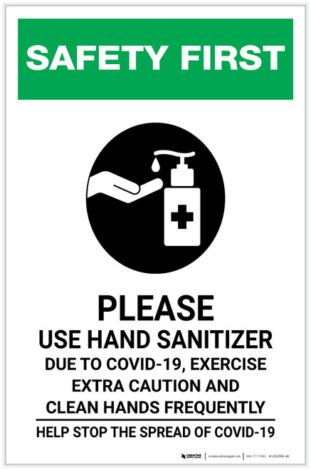 Safety First: Due to COVID-19, Exercise Extra Caution and Clean Hands Frequently Portrait - Label