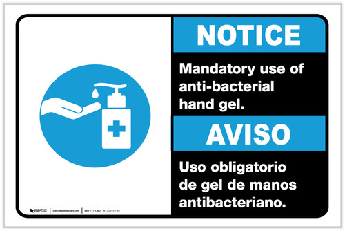 Notice: Mandatory Use Of Anti-Bacterial Hand Gel Bilingual Spanish With Icon ANSI Landscape - Label