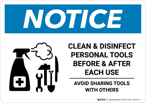 Notice: Clean Disinfect Personal Tools Avoid Sharing with Icon Landscape - Wall Sign
