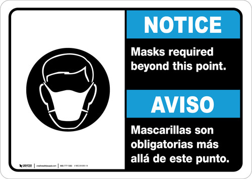Notice: Masks Required Beyond This Point Bilingual Spanish with Icon Landscape - Wall Sign
