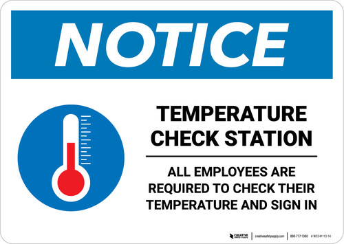Notice: Temperature Check Station Employees Required with Icon Landscape - Wall Sign