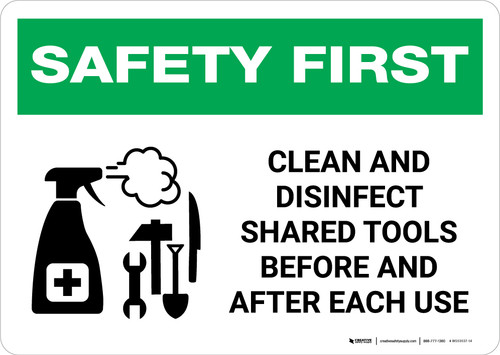 Safety First: Clean And Disinfect Shared Tools with Icon Landscape - Wall Sign