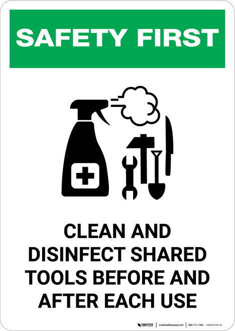 Safety First: Clean And Disinfect Shared Tools with Icon Portrait - Wall Sign