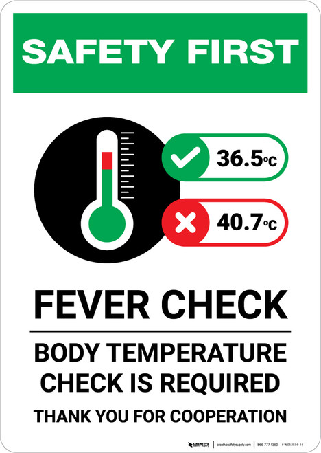Safety First: Fever Check Body Temperature Check Required with Icon Portrait - Wall Sign