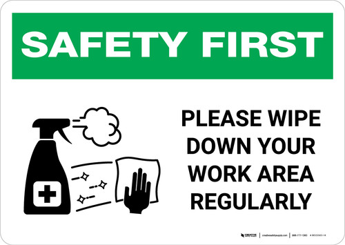 Safety First: Please Wipe Down Work Area with Icon Landscape - Wall Sign
