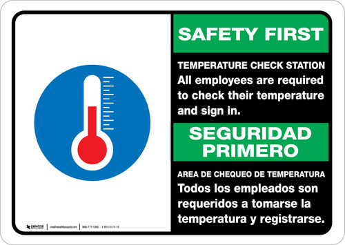 Safety First: Temperature Check Station Employees Required Bilingual Spanish with Icon Landscape - Wall Sign