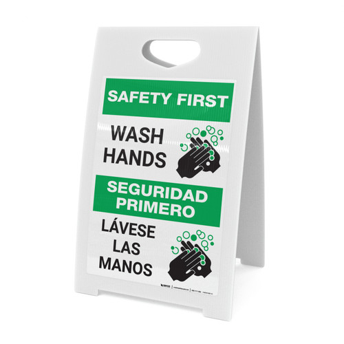 Safety First: Wash Hands Bilingual Spanish with Icon Portrait - A-Frame Sign