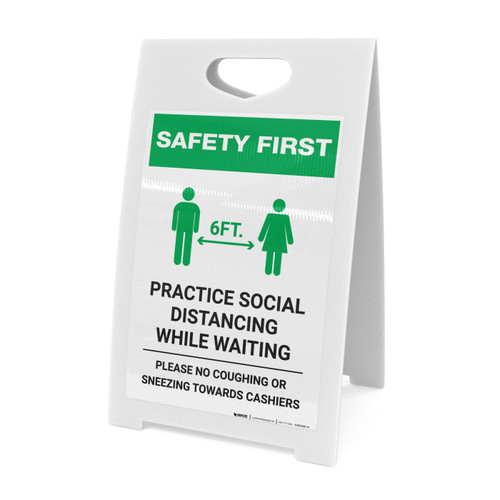 Safety First: Practice Social Distancing While Waiting with Icon Portrait - A-Frame Sign