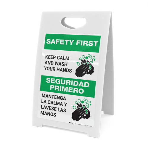 Safety First: Keep Calm and Wash Your Hands Bilingual Spanish with Icon Portrait - A-Frame Sign