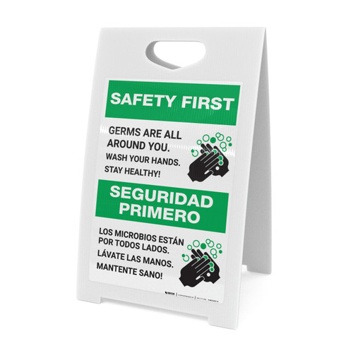 Safety First: Stay Healthy Wash Your Hands Bilingual Spanish with Icon Portrait - A-Frame Sign