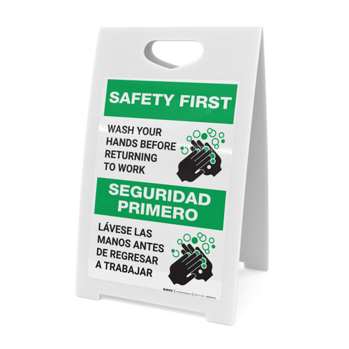 Safety First: Wash Hands Before Returning To Work Bilingual Spanish with Icon Portrait - A-Frame Sign