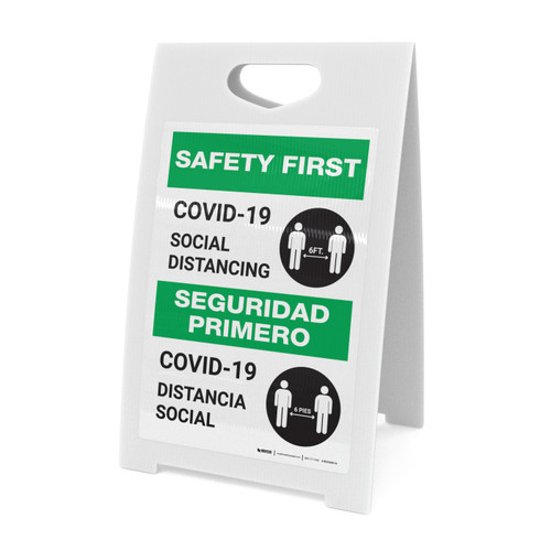 Safety First: COVID-19 Social Distancing Bilingual Spanish with Icon Portrait - A-Frame Sign