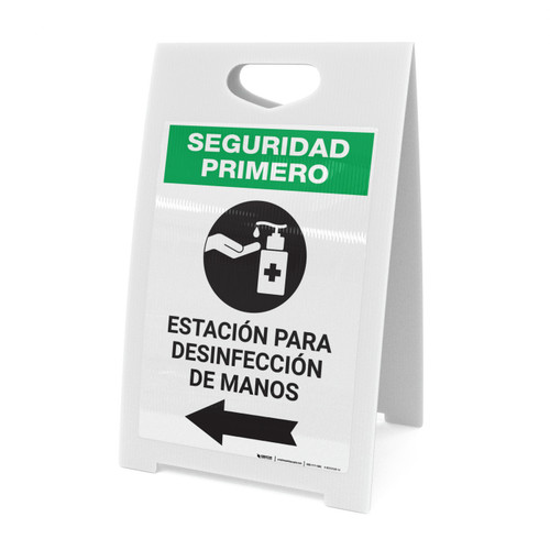 Safety First: Hand Sanitizing Station Left Spanish with Icon Portrait - A-Frame Sign