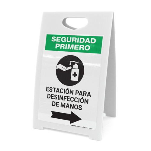 Safety First: Hand Sanitizing Station Right Spanish with Icon Portrait - A-Frame Sign