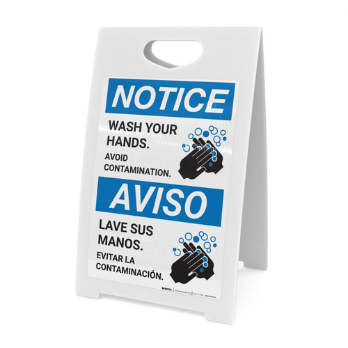 Notice: Wash Your Hands Avoid Contamination Bilingual Spanish with Icon Portrait - A-Frame Sign