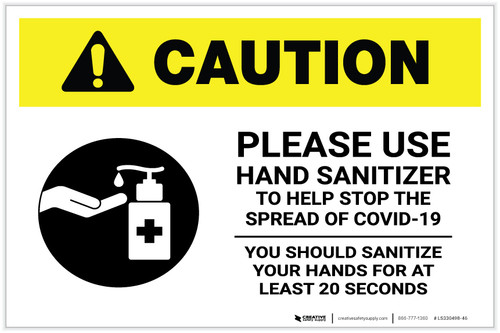 Caution: Please Use Hand Sanitizer - Sanitize Your Hands For at least 20 Seconds with Icon Landscape - Label