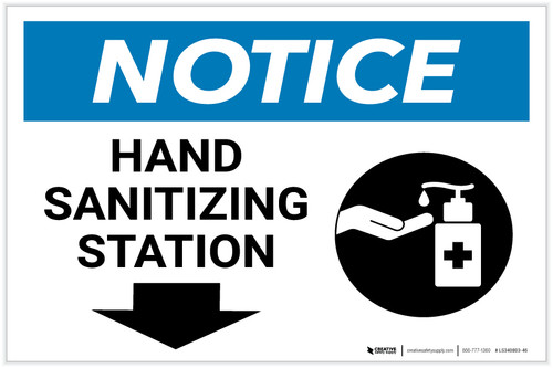 Notice: Hand Sanitizing Station Down Arrow with Icon Landscape - Label