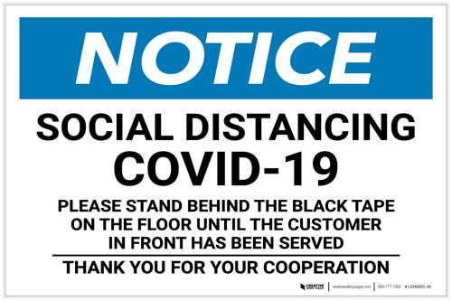 Notice: Social Distancing COVID-19 Please Stand Behind Black Tape Landscape - Label