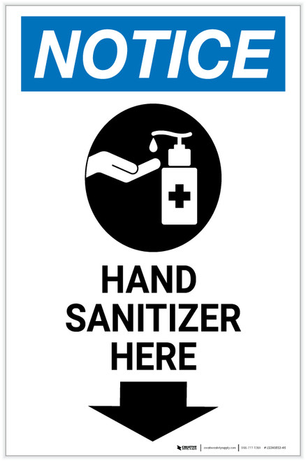 Notice: Hand Sanitizer Here Down Arrow with Icon Portrait - Label