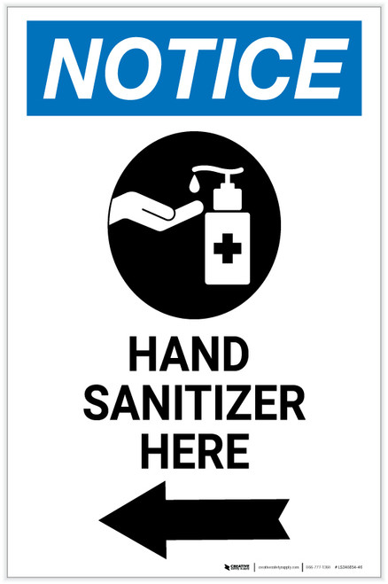 Notice: Hand Sanitizer Here Left Arrow with Icon Portrait - Label