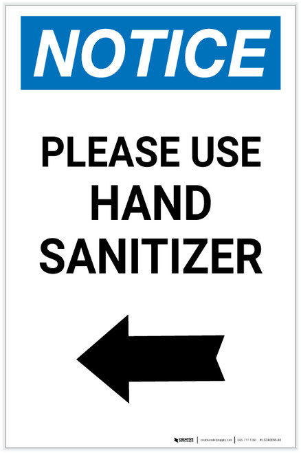 Notice: Please Use Hand Sanitizer Left Arrow Portrait - Label
