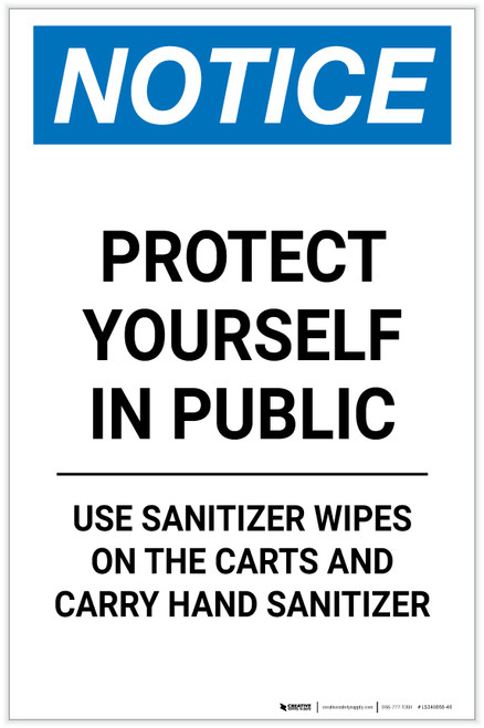 Notice: Protect Yourself in Public - Use Sanitizer Wipes on Carts Portrait - Label