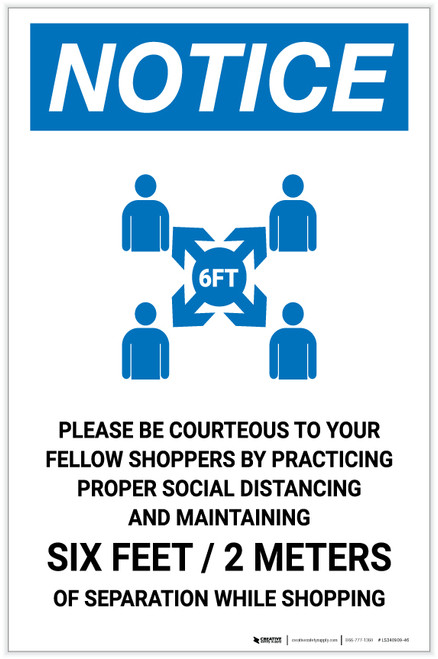 Notice: Please Be Courteous Social Distancing with Icon Portrait - Label