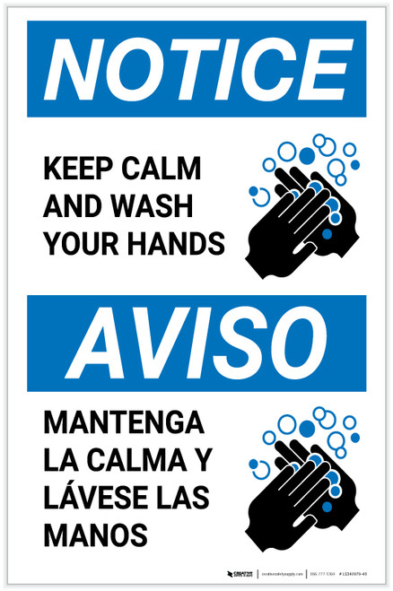 Notice: Keep Calm and Wash Your Hands Bilingual Spanish with Icon Portrait - Label