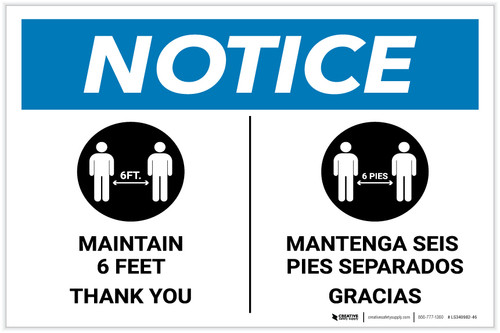 Notice: Maintain 6 Feet - Thank You Bilingual Spanish with Icon Landscape - Label