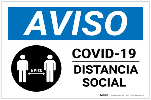 Notice: COVID 19 Social Distancing Spanish with Icon Landscape - Label