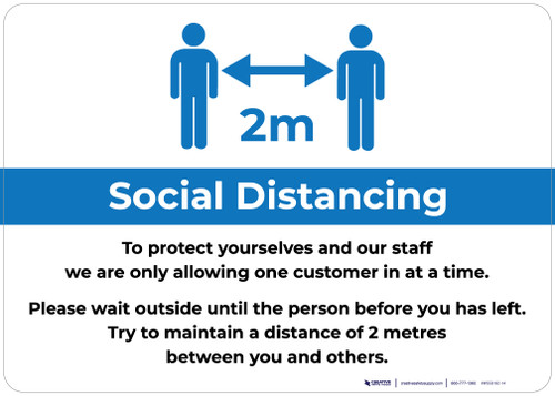 Social Distancing 2m One Customer At A Time with Icon Blue v2 Landscape - Wall Sign