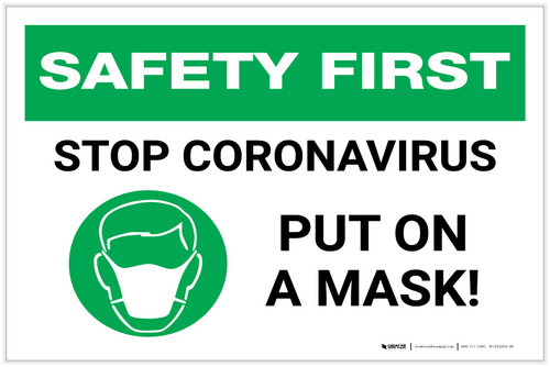 Safety First: Stop Coronavirus - Put On A Mask with Icon Landscape - Label