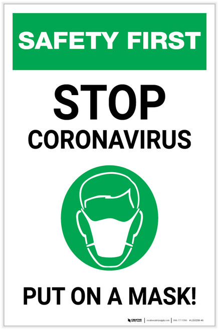 Safety First: Stop Coronavirus - Put On A Mask with Icon Portrait - Label