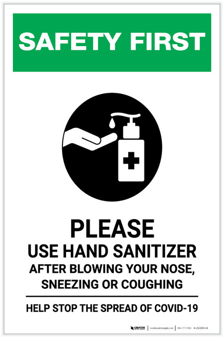 Safety First: Please Use Hand Sanitizer - After Blowing Your Nose, Sneezing, or Coughing with Icon Portrait - Label