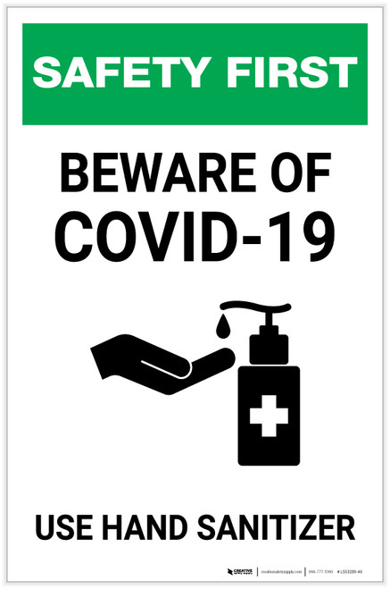 Safety First: Beware of COVID-19 - Use Hand Sanitizer with Icon Portrait - Label