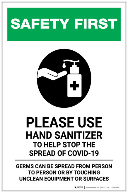 Safety First: Please Use Hand Sanitizer - Germs Can Be Spread with Icon Portrait - Label