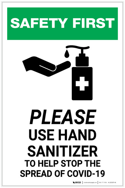 Safety First: Please Use Hand Sanitizer - Stop COVID-19 with Icon Portrait - Label