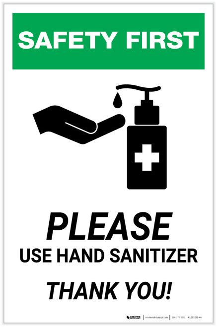 Safety First: Please Use Hand Sanitizer - Thank you with Icon Portrait - Label
