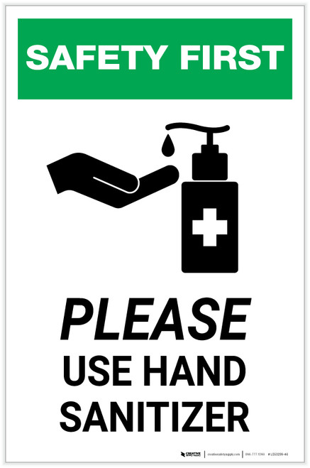 Safety First: Please Use Hand Sanitizer with Icon Portrait - Label