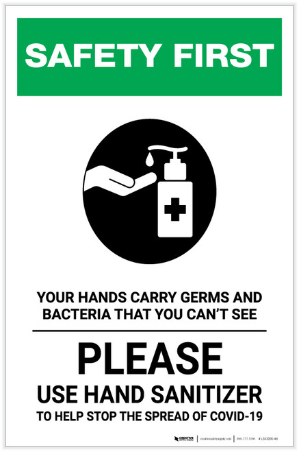 Safety First: Your Hands Carry Germs and Bacteria You Can't See with Icon Portrait - Label